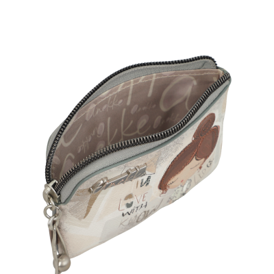 Carteira pequena bege com ilustração e fecho de correr