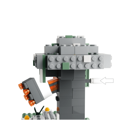 Figura feita de peças de Lego cinza, verde, laranja e branco com uma seta branca ao lado.