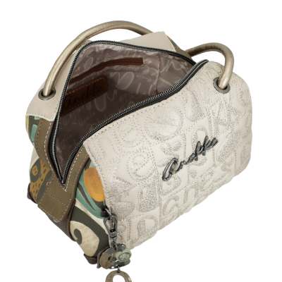 Mala de mão Anekke bege e multicolorida com fecho aberto