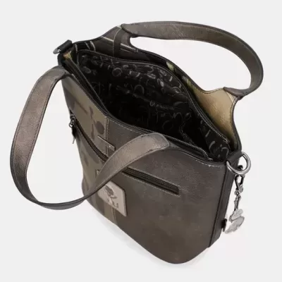 Mala feminina cinzenta com padrão floral e fecho zipper aberta