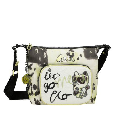 Mala de ombro com padrão animal e bolso frontal com texto e imagem de gato