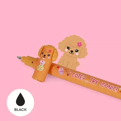Caneta preta com capa de silicone laranja e figura de cão desenhado.