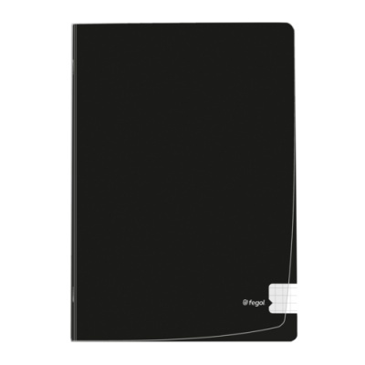 Caderno preto Fegol com etiqueta branca e cantos arredondados