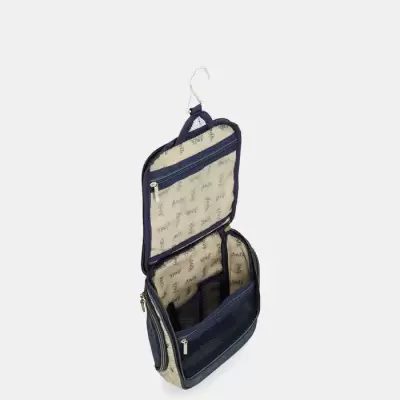 Necessaire azul escuro com interior estampado e gancho para pendurar