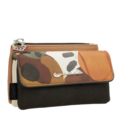 Carteira feminina colorida com padrão abstrato e pele preta