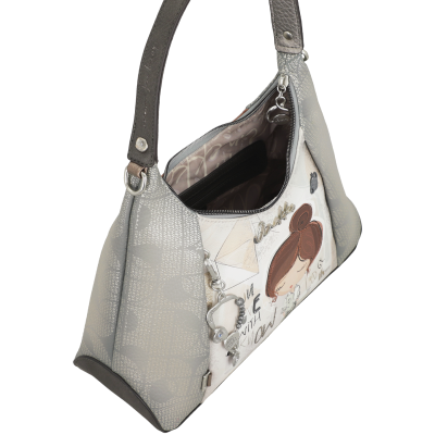 Mala de ombro cinza claro com alça cinza escuro e ilustração frontal da personagem Anekke