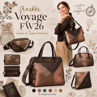 Coleção feminina de bolsas castanho metálico e castanho escuro Anekke com frases de viagem num fundo decorativo