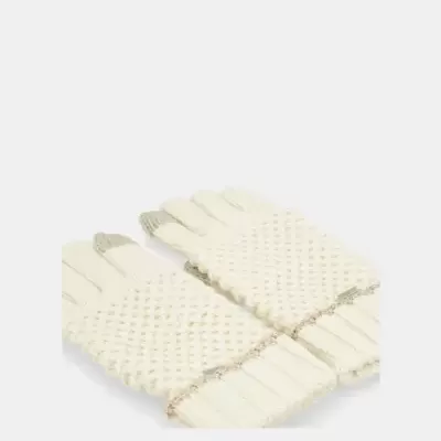 Par de luvas brancas texturizadas com pontas cinza e punho listrado