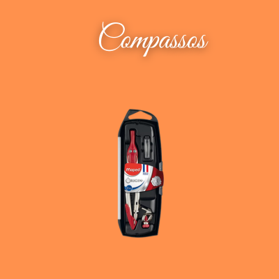 Conjunto de compassos Maped Origin em estojo preto sobre fundo laranja