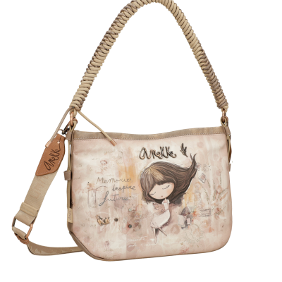 Mala Anekke rosa claro com ilustração de personagem feminina e alça trançada