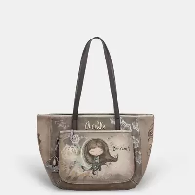Mala castanha com alças pretas e imagem de menina com texto 'Anekke' e 'Dreams'