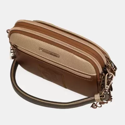 Bolsa de mão castanha e bege com alça e fechos de correr