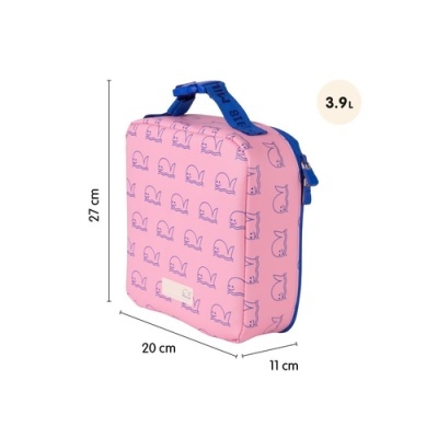 Mala ou estojo cor-de-rosa com padrão de baleias azuis e alça azul
