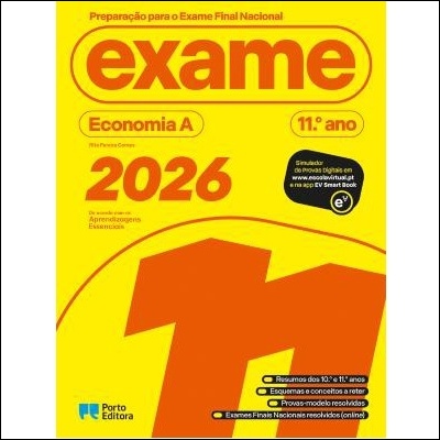 Capa de livro amarelo com texto 'exame Economia A 11.º ano 2026' e logotipo da Porto Editora