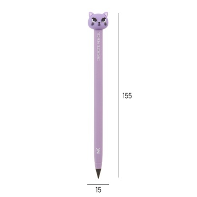 Lápis cor-de-rosa com cabeça de gato lilás e texto INFINITE PENCIL