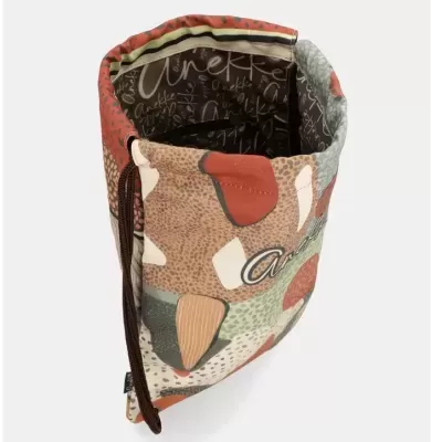 Bolsa saco com padrão abstrato e texto Anekke no interior