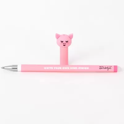 Caneta cor-de-rosa com tampa cabeça de porco e texto em branco