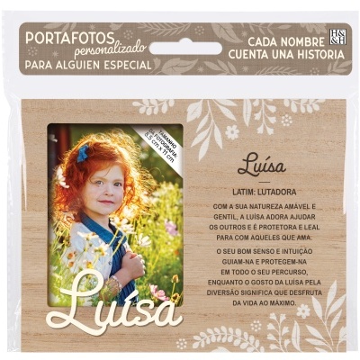 Porta-fotos personalizado estilo rústico com foto de menina ruiva e texto explicativo
