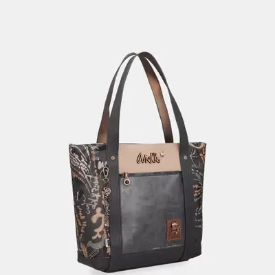 Mala tote preta com alças castanho-escuro e painel frontal bege com logo Anekke