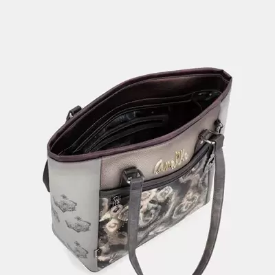 Mala de ombro cinza com padrão floral e logótipo dourado Anekke