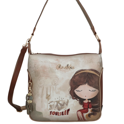 Mala de senhora bege e castanho com ilustração e texto