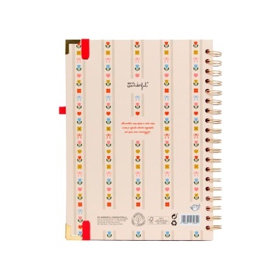 Agenda com capa creme decorada com flores coloridas e espiral dourada