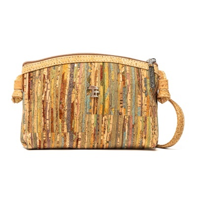 Bolsa pequena de cortiça multicolorida com fecho e asa de pulso