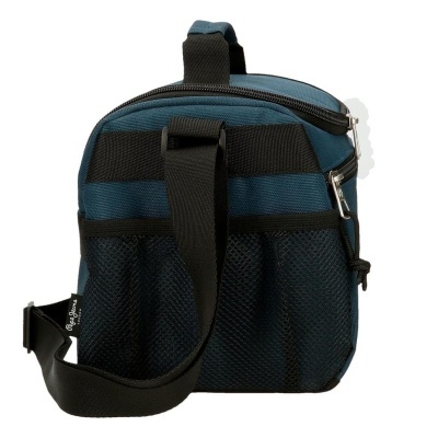 Bolsa pequena tipo mochila azul e preta com alças e bolsos de rede