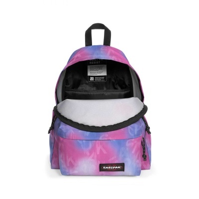 Mochila Eastpak rosa e azul com bolso frontal e interior preto.