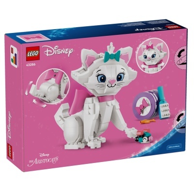Caixa LEGO Disney com figura de gato branco em blocos e acessórios