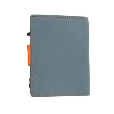 Carteira cinzenta com costura castanha e detalhe laranja