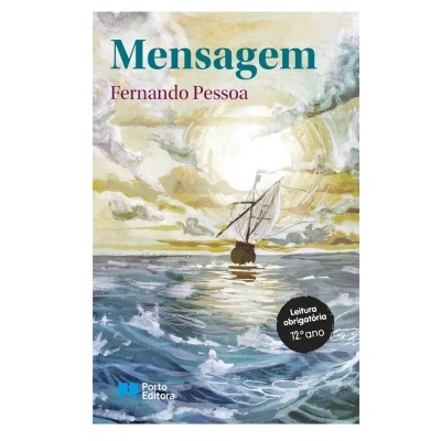 Capa do livro Mensagem de Fernando Pessoa com ilustração de barco à vela no mar e selo de leitura obrigatória