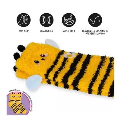 Meias antiderrapantes amarelas e pretas com padrão de abelha e olhos bordados