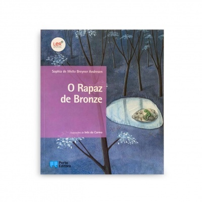 Capa do livro O Rapaz de Bronze com ilustração azul e lilás de árvores e concha