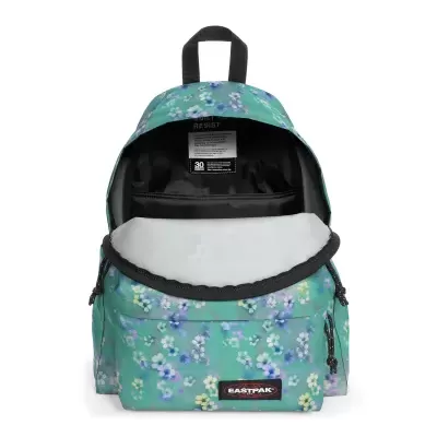 Mochila Eastpak floral verde aberta com bolso frontal e interior preto