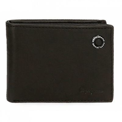 Carteira de pele preta com detalhe circular metálico e logótipo Pepe Jeans