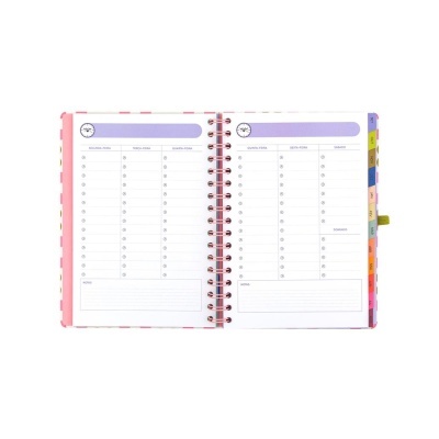 Agenda semanal aberta com divisões por dias da semana e abas coloridas para meses