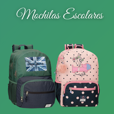 Duas mochilas escolares, uma verde com logótipo Pepe Jeans, outra rosa com bolinhas e desenho de elefante.