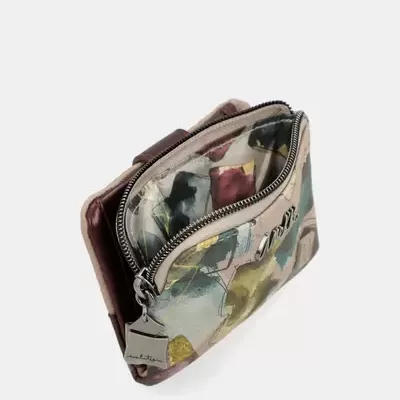 Carteira multifuncional em tecido floral e couro castanho