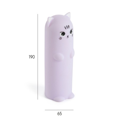Objeto lilás em forma de gato com olhos e bigodes desenhados