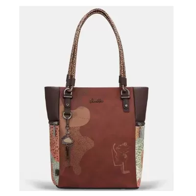 Mala tote castanha com padrões multicoloridos e pendente decorativo