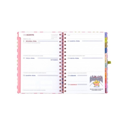 Agenda semanal aberta com meses em separadores coloridos e ilustração de estrela amarela na página
