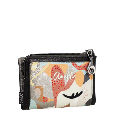 Carteira pequena em pele sintética com padrão abstrato e detalhes em strass vermelhos