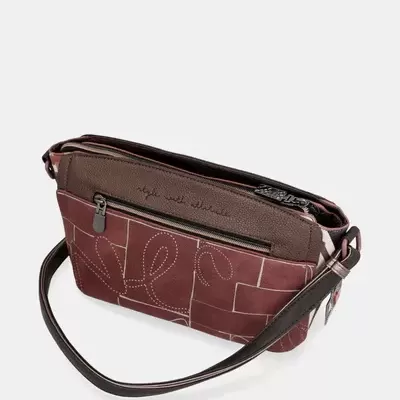 Mala de ombro castanho e bordô com padrão decorativo e fecho zip