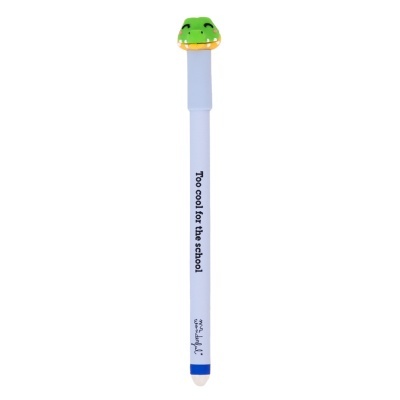 Caneta branca com tampa de crocodilo verde e texto preto
