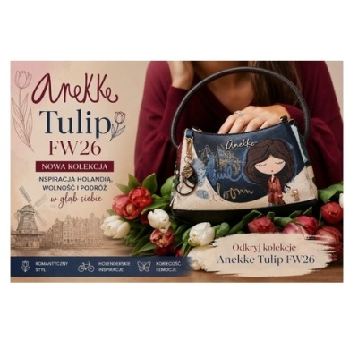 Mala Anekke Tulip FW26 azul com ilustração, rodeada de tulipas e texto promocional