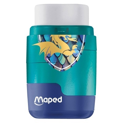 Afiador de lápis Maped azul e verde com tampa branca e dragão dourado