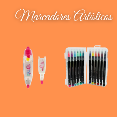 Marcadores artísticos coloridos sobre fundo laranja