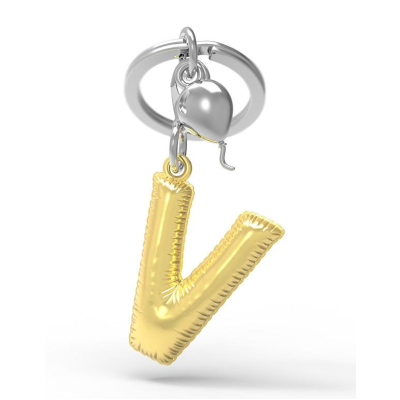 Chaveiro letra V dourada estilo balão com pingente prateado em balão