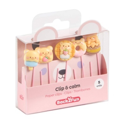 Clips para papel com desenhos de ursinhos coloridos em embalagem rosa